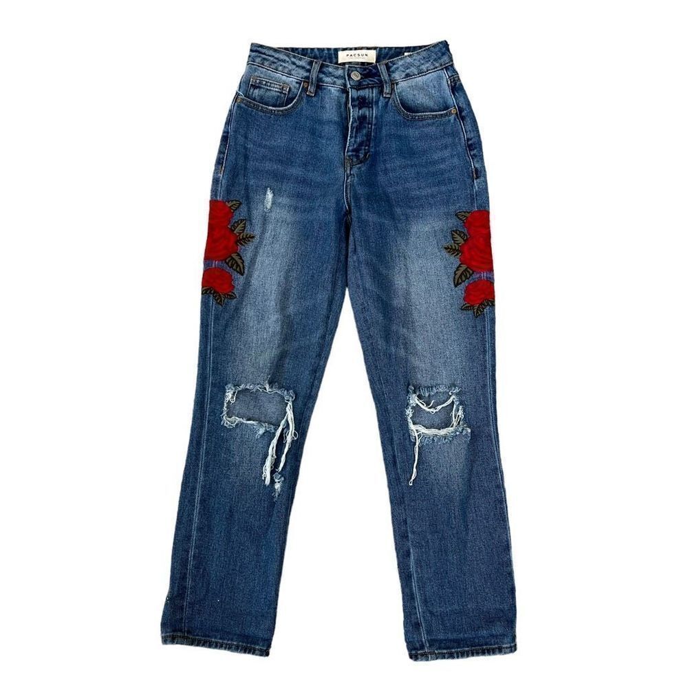 Pacsun women mom jeans floral embroidered size 23 denim blue cropped jeans
